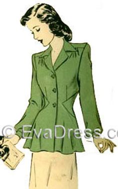 "Originally by Hollywood, 'Fitted style with shaped insets at underarms. Gathers at shoulder from back extension. Notched collar and long sleeves gathered to cuff-bands'. This digitally-drafted 8-piece pattern is available in size 14 fitting 32\" bust, 26\" waist, 35\" hip or size 40 fitting 40\" bust, 34\" waist, 43\" hip. 1/2\" seams are given. A (modified sleeve) version is shown in black wool gabardine. The hem is finished with double bias binding for detail. All of my patterns are full size Fitted Long Sleeve Outerwear With Set-in Sleeves, Green Fitted Outerwear For Daywear, Fitted Outerwear With Button Cuffs For Daywear, Jacket Patterns For Women Sewing, Jacket Patterns For Women, 1940 Dress, Women Sewing, Bustle Skirt, Gored Skirt