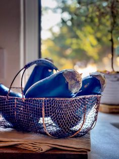 a basket filled with blue fruit sitting on top of a table next to a window