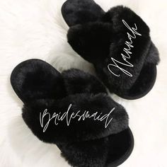 two black slippers with the word bridesmaid written in white ink on them