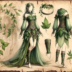 an image of a woman dressed in green with leaves on her head and dress made from paper