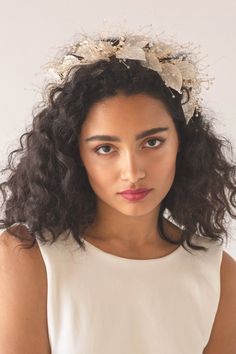 A soft and romantic Organza Hair Crown, with a luminous golden hue and a shimmering display of crystal beads. SKU: w8216 Flower Hair Crown, Curly Bridal Hair, Whimsical Hair, Minimalist Hair Accessories, Soho Style, Flower Crown Hairstyle, Hair Crown, Emma Rose, Hippie Hair