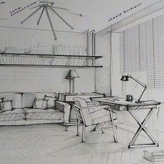 a drawing of a living room with furniture