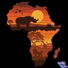 an african map with animals and sunsets in the backgrounnd, on a black background