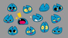 various cartoon faces with different expressions and shapes, including one that looks like an angry cat