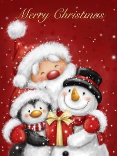 a christmas card with two snowmen and a santa clause