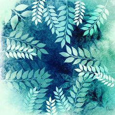 watercolor painting of green leaves on blue background