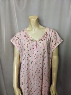 "Super soft and comfy full-length nightgown. Brand: VILLAGER -Liz Claiborne 60% COTTON, 40% Polyester. Short sleeves, lace, and button decor. Pink nighty with mini red roses pattern. Size: M Shoulder: 16\" Bust: 21\" Length: 50\" New condition. Excellent gift. Thank you for visiting my store. You can also visit my AmazingClosetShop or http://jewelryandclothing.net/" Pink V-neck Sleepwear For Loungewear, Pink Floral Print Nightgown For Home, Pink Sleepwear For Spring, Pink Short Sleeve Sleepwear, Pink Summer Nightgown For Home, Pink Summer Sleepwear For Overnight, Pink Floral Print Nightgown For Loungewear, Pink Short Sleeve Sleepwear For Spring, Pink Floral Print Sleepwear For Sleepover