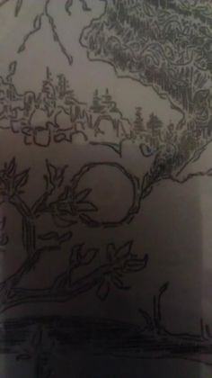 a drawing on the side of a wall with trees and mountains in it's center