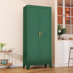 a tall green cabinet in the corner of a room