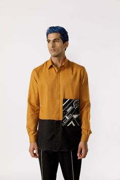 Full sleeve panelled shirt with embroidered patch pocket. Fit: Regular fit Color: MustardFabric: Cotton Brown Cotton Shirt With Patch Pockets, Yellow Embroidered Cotton Shirt, Yellow Long Sleeve Shirt With Patchwork, Yellow Cotton Patchwork Shirt, Yellow Work Shirt With Pockets, Yellow Workwear Shirt With Pockets, Mustard Long Sleeve Cotton Shirt, Embroidered Patch, Friend Wedding