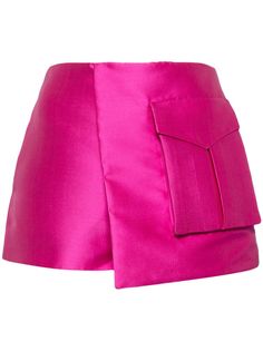 pink satin finish side patch pocket mid-rise concealed rear fastening asymmetric design thigh-length Chic Mini Length Shorts With Side Pockets, Chic Mini Shorts With Side Pockets, Pink Mini Length Bottoms With Pockets, Pink Mini-length Bottoms With Pockets, Chic Pink Silk Bottoms, Chic Satin Short Length Bottoms, Chic Satin Shorts, Pink Short Skort With Pockets, Short Pink Skort With Pockets