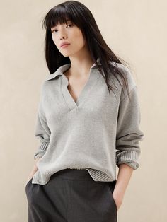 Textured Johnny-Collar Sweater | Banana Republic Factory Johnny Collar Sweater, Spring Sweater With Collar For Work, Spring Workwear Sweater With Collar, Oversized V-neck Sweater For Spring Workwear, Oversized Collared Sweater For Work, V-neck Sweater With Seamless Collar For Work, Spring V-neck Sweater For Work, Workwear Tops With Ribbed Cuffs And Fold-down Collar, Casual V-neck Sweater With Seamless Collar