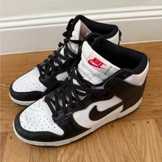 Nike Panda - High Top Dunks Used - In Good Condition. Just Needs A Good Cleaning And They Would Look Brand New! Black Panda Dunks, Pandas Shoes, Panda Dunks High, High Top Dunks, Dunks High, Nike Panda, Panda Shoes, Kawaii Nails, Shoes Nike