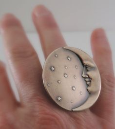 Vintage Ring - Moon Ring - Statement Ring - Star Ring - Vintage Brass jewelry - Adjustable Ring - St Magical Sun And Moon Design Ring As Gift, Unique Adjustable Jewelry With Moon Phase, Unique Adjustable Moon-shaped Ring, Adjustable Moon Shape Unique Ring, Unique Adjustable Moon Shaped Ring, Unique Moon Phase Jewelry Ring, Handmade Celestial Moonstone Ring In Moon Shape, Bohemian Rings With Moon Charm For Gift, Celestial Moon Phase Rings As Gift