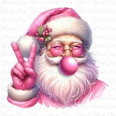 santa claus with pink nose and glasses giving the peace sign