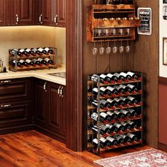 a wine rack in the corner of a kitchen