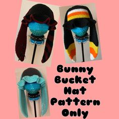 three different hats are shown with the words bunny bucket not pattern only