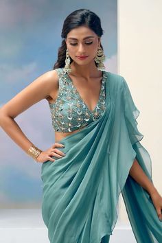 Teal blue pre-draped ruffle saree. Paired with a blouse with all over stars and moon embroidery. - Aza Fashions Moon Embroidery, Ruffle Sarees, Organza Embroidery, Blue Organza, Ruffle Saree, Drape Saree, Blouse For Women, Moon And Stars, Saree With Blouse