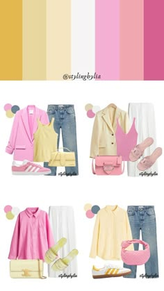 Colors That Go With Peach Outfits, Light Yellow Outfit Ideas, Pink Combo Outfits, Yellow Outfit Winter, Yellow Color Combinations Outfits, Summer Color Palette Clothes, Pink Color Combinations Outfit, Look Casual Primavera, Light Summer Capsule Wardrobe