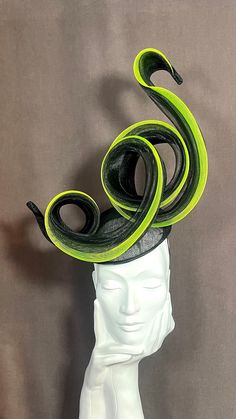 Do you remember those fairground rides that were around when we were kids?! The Helter Skelter in black and highlighter yellow!! 🌈 A hand blocked black sinamay button base, adorned with a black and highlighter yellow crinoline twist.  Well balanced, a super comfy piece to wear. Finished with a hat elastic to suit your hair tone and or a head band for additional security. I never use glue in my millinery. Every item is hand stitched and finished to the highest standard. Perfect talking piece for Helter Skelter, Tone Hair, Fascinator Hats, Head Band, Hand Stitched, Highlighter, Color Combos, Fascinator, Hand Stitching