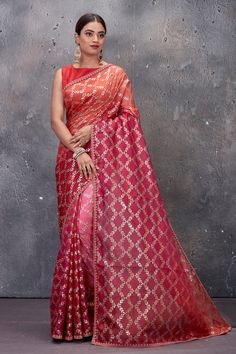 Shop stunning ombre pink foil stamp Kota saree online in USA. Keep your ethnic wardrobe up to date with latest designer saris, pure silk sarees, handwoven sarees, tussar silk sarees, embroidered saris from Pure Elegance Indian saree store in USA.-full view Festive Bollywood Pre-draped Saree With Pallu, Party Banarasi Silk Pre-draped Saree With Dupatta, Festive Celebration Pre-draped Saree With Zari Weaving, Designer Pink Pre-draped Saree With Cutdana, Pink Banarasi Silk Pre-draped Saree, Designer Pink Pre-draped Saree With Zari Work, Pink Cutdana Pre-draped Saree For Party, Festive Pink Tissue Silk Sharara, Designer Pink Saree With Zari Work