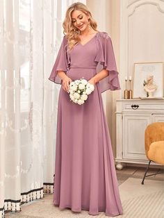 Flowy Sleeves Dress, Dresses With Flowy Sleeves, Chiffon Bridesmaid Dress With Short Sleeves, Elegant Short Sleeve Chiffon Bridesmaid Dress, Flowy V-neck Bridesmaid Dress For Wedding Guests, Elegant Chiffon V-neck Bridesmaid Dress, Chiffon Evening Dress With Short Sleeves For Wedding, Short Sleeve Bridesmaid Maxi Dress For Prom Season, Short Sleeve Maxi Dress For Bridesmaids During Prom Season