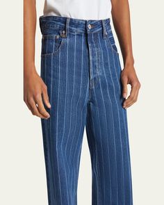 Jacquemus jeans in vertical striped denim    Regular rise    Fivepocket style    Full length    Relaxed fit through straight legs    Button/zip closure    Cotton    Made in Italy Striped Denim Bottoms With Five Pockets, Striped Straight Leg Denim Jeans, Striped Denim Jeans With Pockets, Striped Wide-leg Denim Jeans, Striped Wide Leg Denim Jeans, Casual Pinstripe Jeans With Straight Leg, Straight Leg Denim Pants With Vertical Stripes, Striped Straight Leg Denim Pants, Jacquemus Jeans