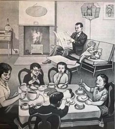 an old advertisement for the pancake maker, featuring a family eating at a table