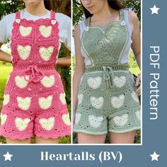 two crocheted shorts with hearts on them, one in pink and the other in green