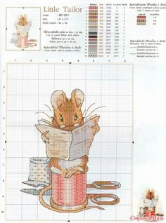 a cross stitch pattern with a mouse reading a book on top of a canister