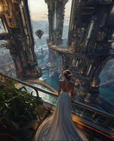 a woman in a white dress standing on top of a balcony looking at the city