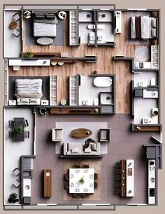 an overhead view of a living room, bedroom and dining area in a floor plan