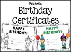 birthday certificate with two children holding balloons