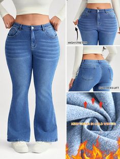 Plus Size Blue Stretch Denim Flared Jeans Blue    Denim Plain Flare Leg Medium Stretch  Women Plus Clothing, size features are:Bust: ,Length: ,Sleeve Length: Cheap Full-length Denim Blue Flares, Smocked Skirt, Grey Colour Suit, Fleece Tights, Hem Skirt, Womens Tights, Denim Flares, Plus Size Jeans, Inspiration Mode