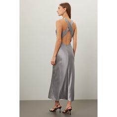 Grey satin (100% Silk). Shift. Sleeveless. Mock neck. Back zipper closure. Imported. Sleeveless Satin Finish Summer Halter Dress, Satin Finish Sleeveless Halter Dress For Summer, Sleeveless Satin Finish Halter Dress For Summer, Sleeveless Satin Halter Dress For Summer, Sleeveless Satin Halter Dress With Satin Finish, Sleeveless Satin Halter Dress, Chic Sleeveless Halter Dress With Satin Finish, Sleek Sleeveless Bias Cut Halter Dress, Sleek Satin Halter Dress For Summer