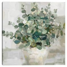 a painting of green leaves in a white vase