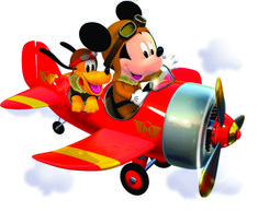 a mickey mouse flying in an airplane with a dog on the nose and another animal