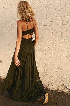 Femme beachy maxi from our free-est collection featuring a dramatic tiered skirt, crochet lace insets and a drawstring waist. * Tassel drawstring * Semi-sheer accents * Flowy fit | Santa Maria Maxi Dress by free-est at Free People in Green, Size: XS Skirt Crochet, Earthy Style, Japanese Dress, Maxi Sundress, Maxi Styles, Rustic Boho, Lace Inset, Ruffled Maxi Dress, Midi Dress Sleeveless