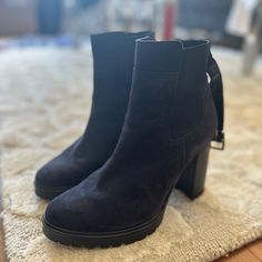 Boots. 4” Heel. .5” Platform Rubber And Super Comfy And Easy To Walk In. Very Comfy. Worn For One Evening So Essentially New!!!! As I Have A Bad Ankle And Cant Wear Heels. My Loss Is Your Gain. Purchased February 2020 And Worn Only One Time. Right Before Barneys Closed. Listed As 7.5 As Say 38 But Def Fit 7.5 Best. No Signs Of Wear. Condition 9.7/10. Only Shows Dirt On Bottom Of Shoe Sole Elegant Formal Platform Boots With 4-inch Heel, Suede High Ankle Heels With Stacked Heel, Elegant High Heel Suede Platform Boots, Chic 4-inch Heel Suede Boots, Chic Suede Heeled Boots With 4-inch Heel, Chic Heeled Boots With Ankle Strap And 4-inch Heel, Platform Boots With 4-inch Heel For Evening, Evening Platform Boots With 4-inch Heel, Platform High Ankle Heels For Work