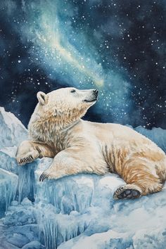 a painting of a polar bear laying on ice with stars in the sky above it