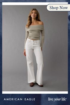 Ribbed blend/Off-the-shoulder neckline/Long sleeves Casual White Off-shoulder Top For Fall, Chic Cotton Off-shoulder Top For Fall, White Long Sleeve Off-shoulder Top For Fall, Trendy White Off-shoulder Long Sleeve Top, Cotton Long Sleeve Off-shoulder Top, Chic White Off-shoulder Top For Fall, Casual Cotton Off-shoulder Top With Long Sleeves, Casual Cotton Off-shoulder Long Sleeve Top, Women's Jeans