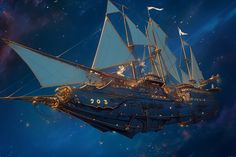 Dnd Flying Ship, Flying Ships Fantasy Concept Art, Space Sailing Ship, Fantasy Blimp, Sci Fi Boat, Spelljammer Ships Concept Art, Flying Ship Concept Art, Airship Dnd, Pirate Ship Concept Art