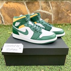 Men’s Nike Air Jordan 1 Mid White Green Shoes Brand New Factory Laced Original Box Men’s Size 7.5 = Women’s 9 - Sold 8 = Women’s 9.5 - Sold 8.5 = Women’s 10 - Sold 9 9.5 10 10.5 11 11.5 12 - Sold 12.5 13 Select Men’s Size To Check Out! 100% Authentic Ships Within 24 Hours Final Sale #Nike #Airjordan #Airforce1 #Streetwear Green Leather Jordan Shoes With Contrast Sole, Green Leather Mid-top Custom Sneakers, Green Leather Mid-top Jordan Shoes, Modern Green Custom Sneakers With Cushioned Footbed, Jordan 4 Retro Bred, Air Jordan 1 Mid White, New Basketball Shoes, Jordan 4 Red, Jordan 1 Mid White