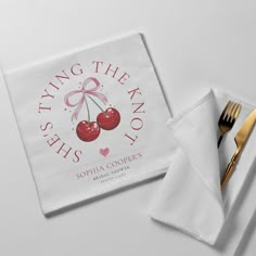 Tying the Knot Chic Modern Cherry Bridal Shower Napkins Thrifted Bridal Shower Decor, Cherry On Top Bachelorette, Bridal Theme Shower Ideas, Cherry On Top Bridal Shower Theme, Cherry Bridal Shower Theme, Cherry Bachelorette Party, Tie The Knot Bridal Shower Ideas, Bridal Shower Designs, Cherry Theme