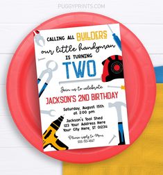 a paper plate with a construction themed birthday card on it