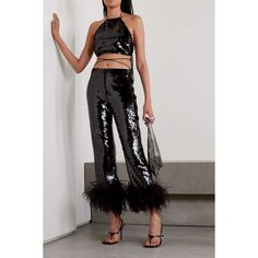 Magda Butrym Feather-Trimmed Sequined Chiffon Straight-Leg Pants Msrp: $1,695 “Magda Butrym Has Created The Ultimate Party Pants. Made From Chiffon, They're Amplified With A Drenching Of Sequins And Fanciful Feather Trims. Turn Heads And Wear Yours With The Label's Matching Sequin Top And Heels.” Black Sequined Chiffon And Feathers Concealed Zip Fastening Along Front 100% Polyester; Trim: 100% Feathers (Ostrich); Lining: 100% Silk Dry Clean Ostrich: South Africa Fits True To Size, Take Your Norm Luxury Black Leather Pants For Party, Luxury Black Leather Party Pants, Luxury Party Pants, Fitted Sequin Luxury Pants, Luxury Straight Pants For Party, Luxury Fitted Pants For Party, Elegant Wide-leg Leather Pants For Party, Elegant Wide Leg Leather Pants For Party, Elegant Straight Leather Pants For Party