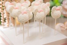 there are some cake pops with bows on them in the shape of mouses and mice