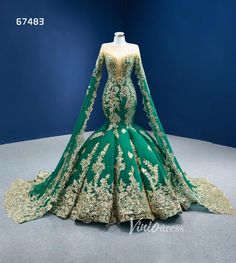 Glittery Gold Mermaid Pageant Gown Green Cape Sleeve Wedding Dress 674 – Viniodress Emerald Green Wedding Dress, Weading Dress, Crystal Prom Dress, Green Wedding Dresses, Pageant Gown, Gold Mermaid, Gold Prom Dresses, Spaghetti Strap Prom Dress, Green Mermaid