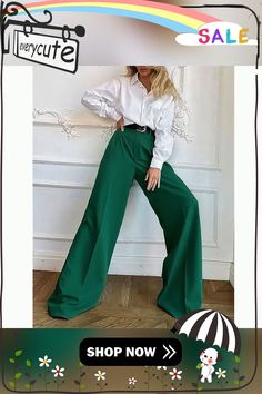 Green High Waisted Draped Wide Leg Pants Green Full-length Bottoms For Fall, Green Full Length Bottoms For Fall, Chic Green Full Length Bottoms, Chic Full Length Green Bottoms, Non-stretch High Waist Green Pants, Green High Waist Non-stretch Pants, Full Length Green Pants For Fall, Green Wide Leg Pants For Fall, High Waist Green Dress Pants With Pockets