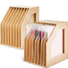 two wooden boxes with files and folders in them